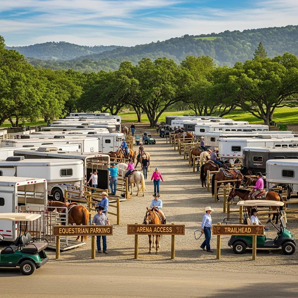 Trailer parking and staging area at The Oaks Campground, showing space for rigs and horse preparations