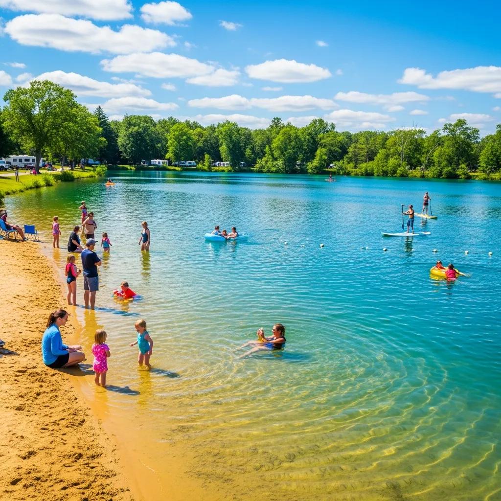 Private lake and sandy beach at The Oaks Campground for family-friendly swimming
