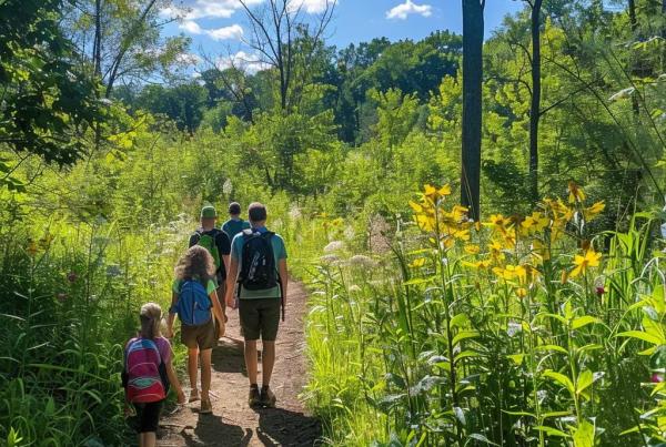 Family hiking on a scenic trail in Michigan, showcasing outdoor adventure and family-friendly experiences