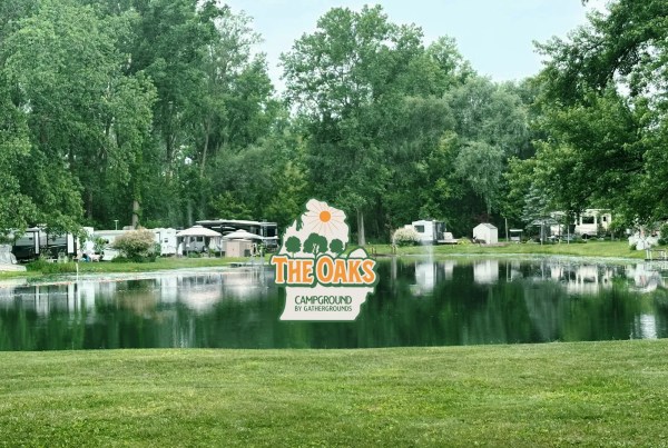 Modern campground amenities at Waterloo State Recreation Area with RVs and families