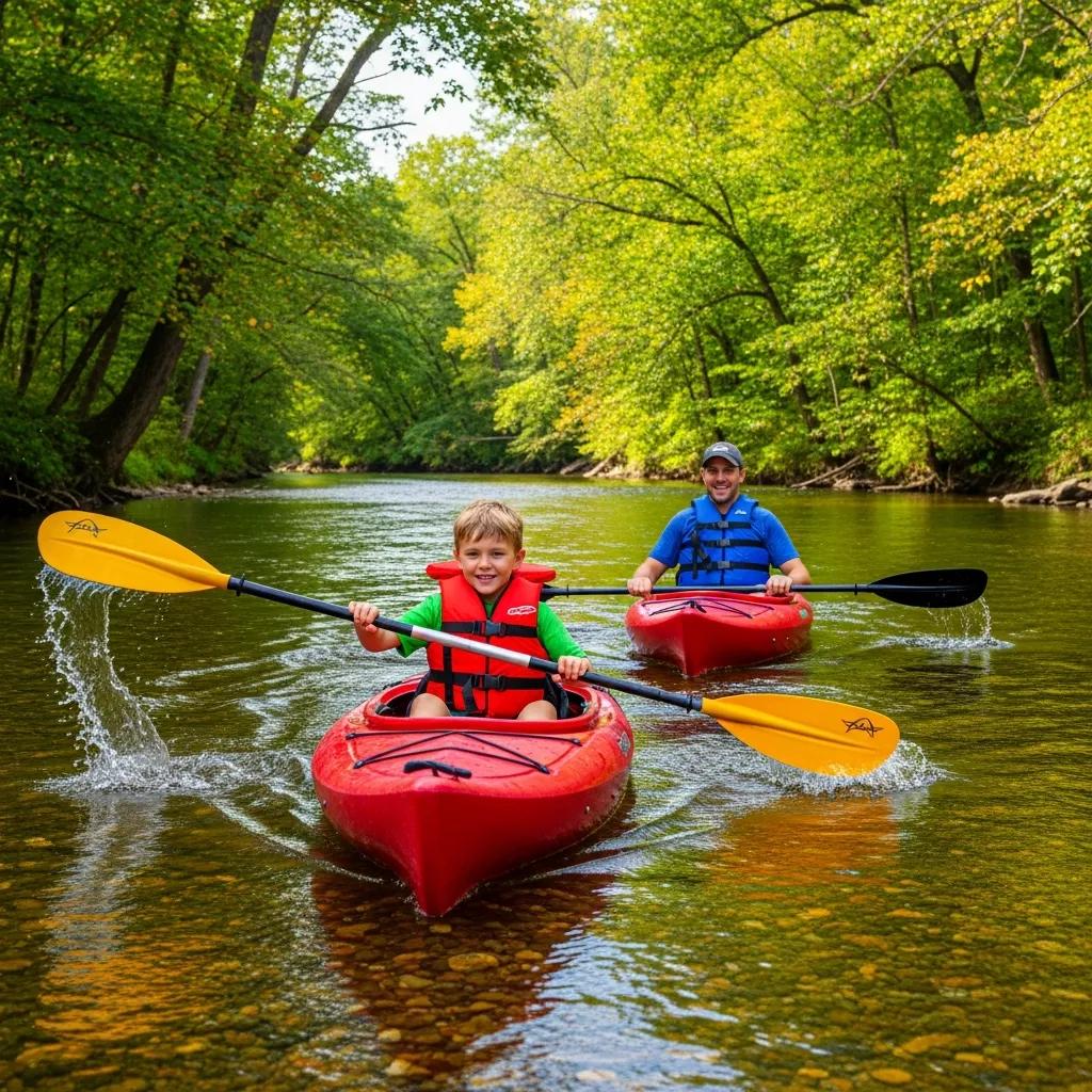 Child kayaking on the Shiawassee River with an adult at Walnut Hills, showing safety and supervision