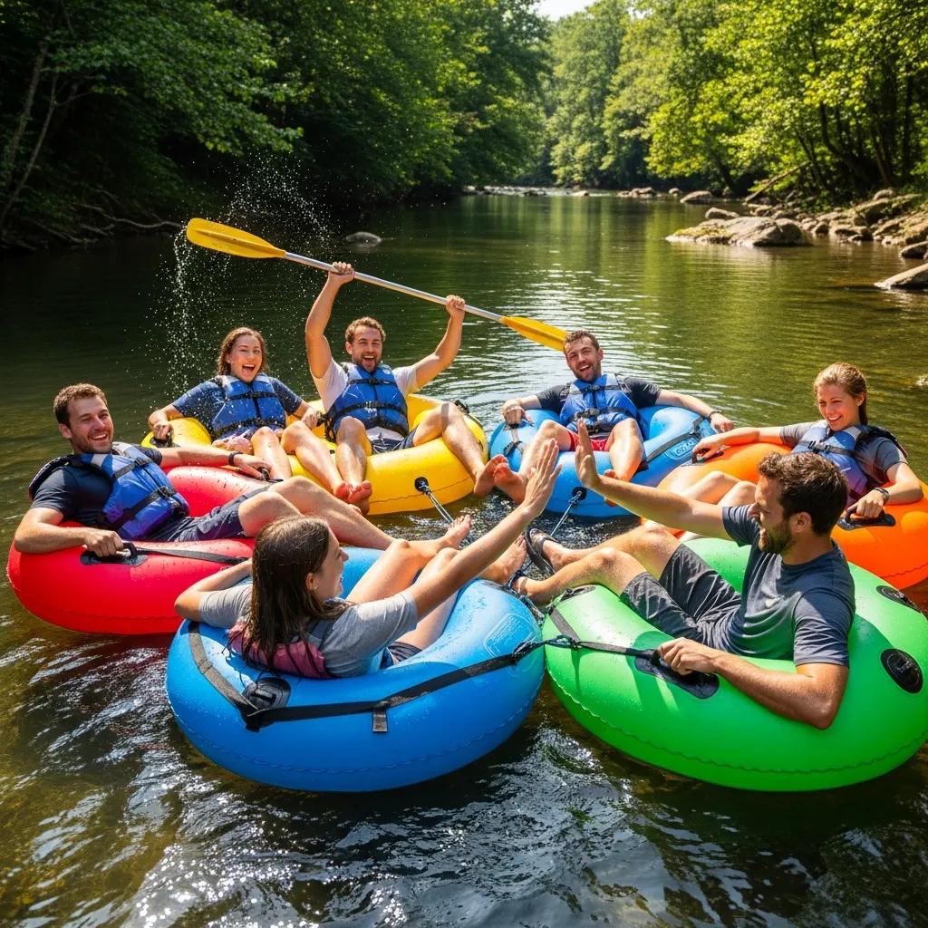 Friends tubing together on the Shiawassee, laughing and enjoying the river