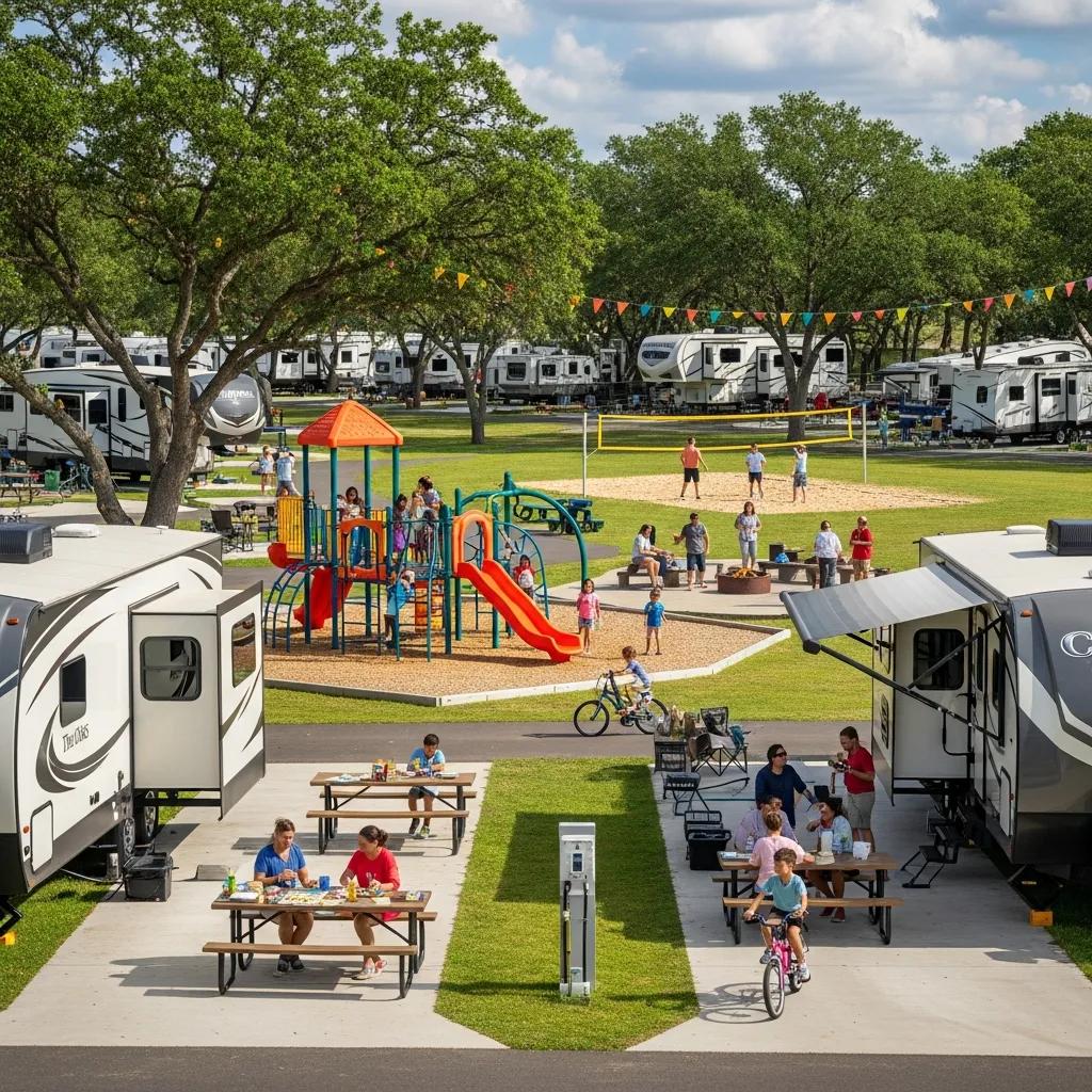 Play areas, recreation, and family activities available at The Oaks Campground