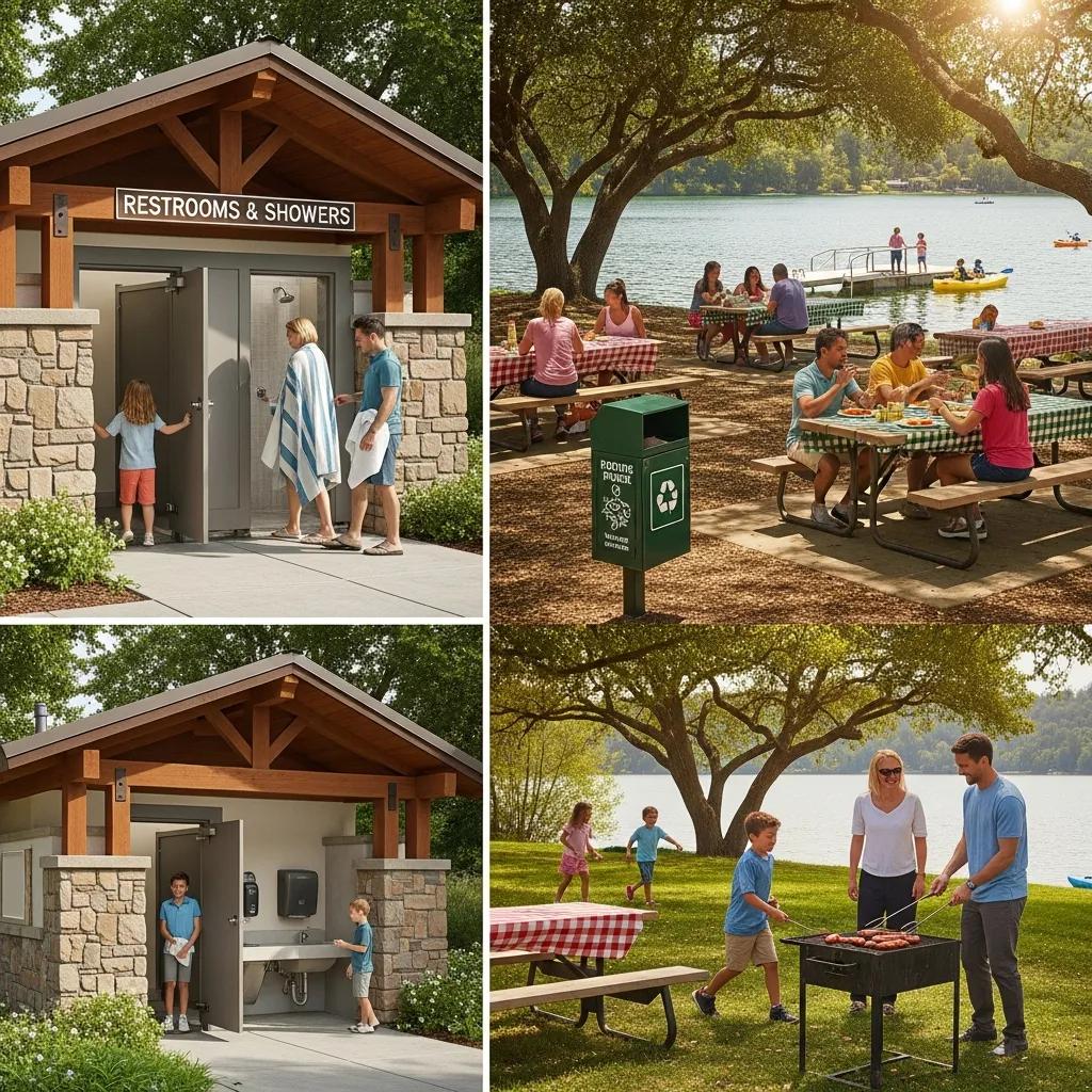 Park amenities at Woodside Lake Park — restrooms and picnic areas