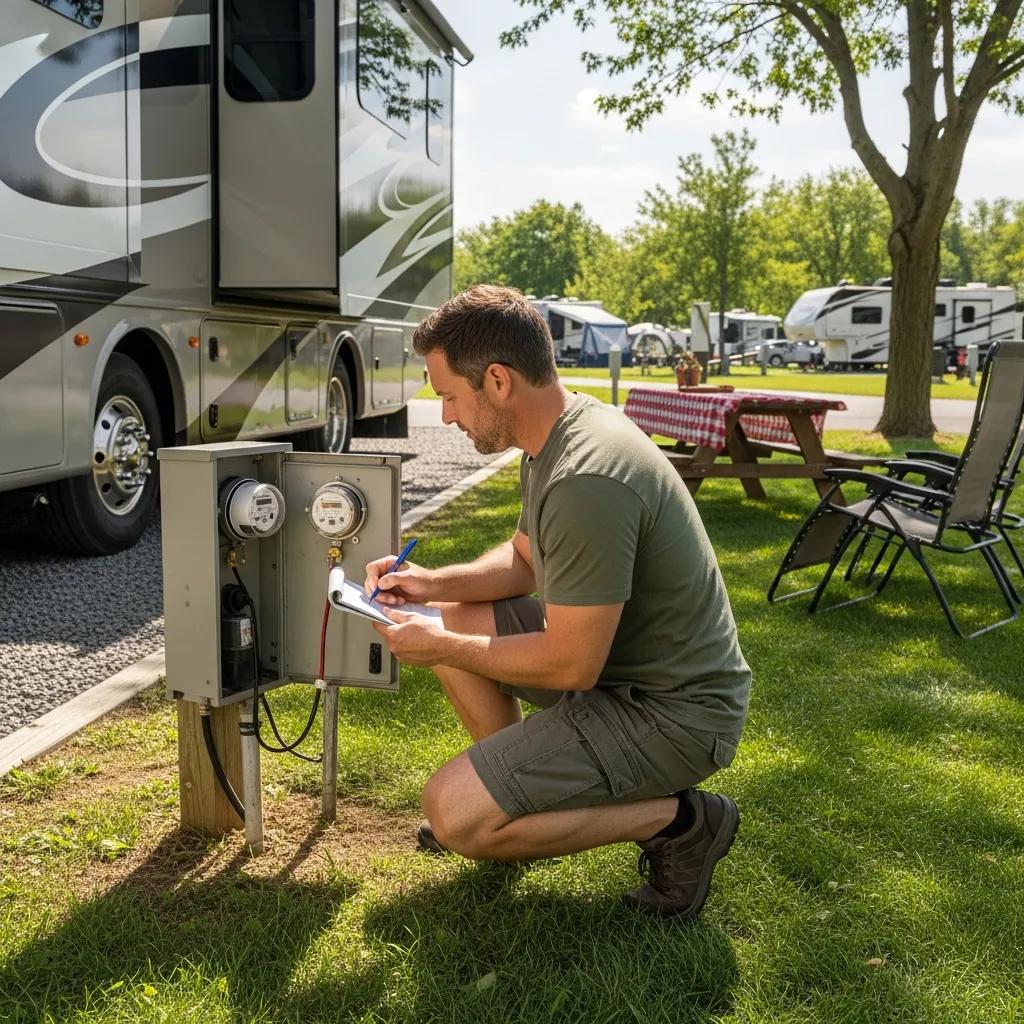 Guest checking electric meter at a campsite