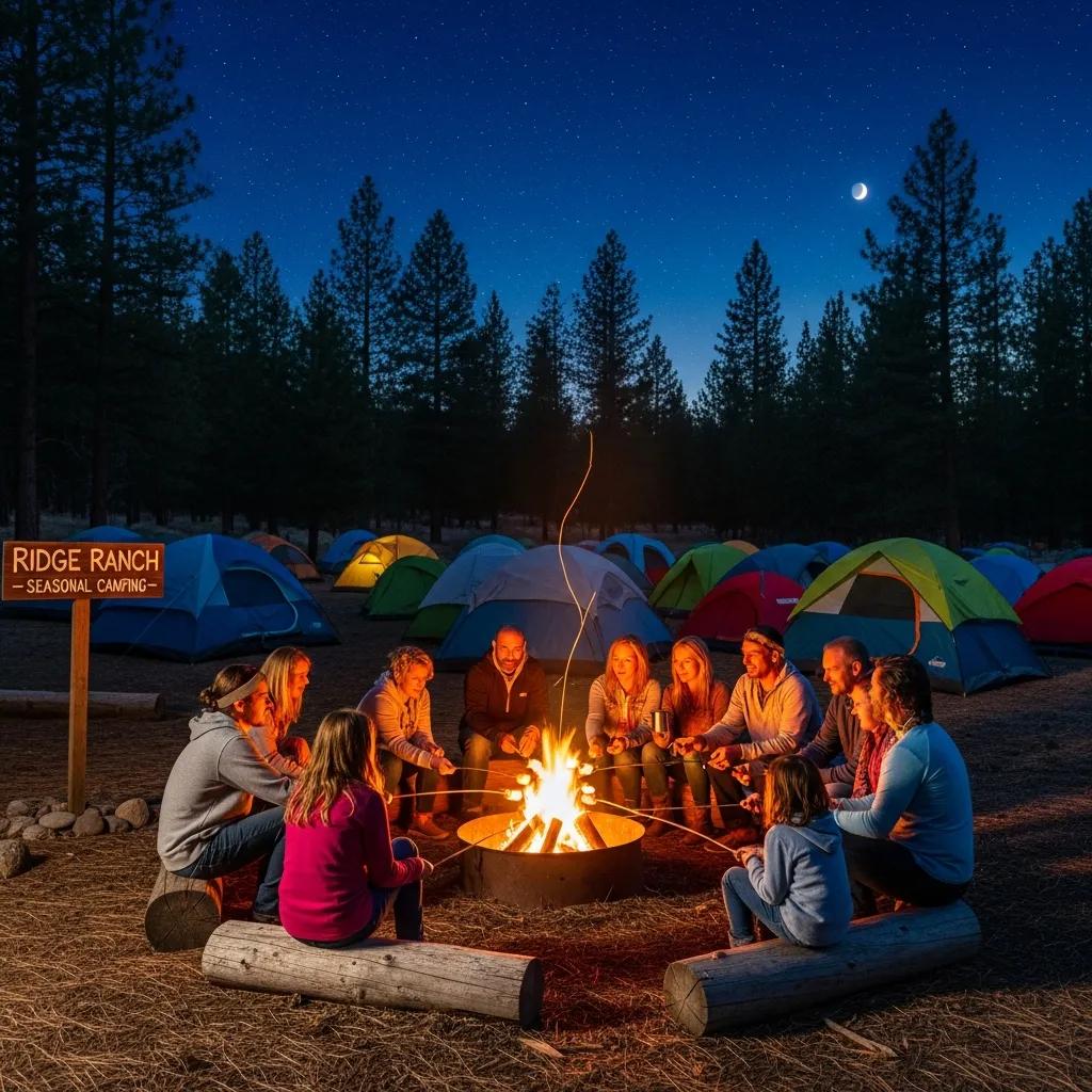 Campers gathered around a campfire, enjoying a community evening at Ridge Ranch