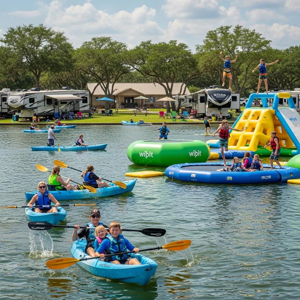 Campers enjoying water activities and fun at The Oaks, highlighting on-site amenities for seasonal guests