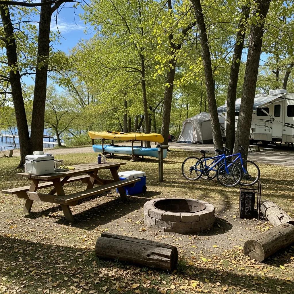 Campground amenities: picnic table, fire ring, and shared recreation area that enhance long-term stays