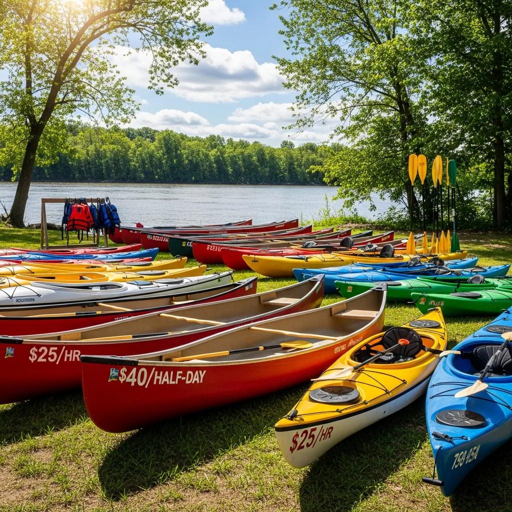 Canoes and kayaks lined up at a Rifle River rental livery
