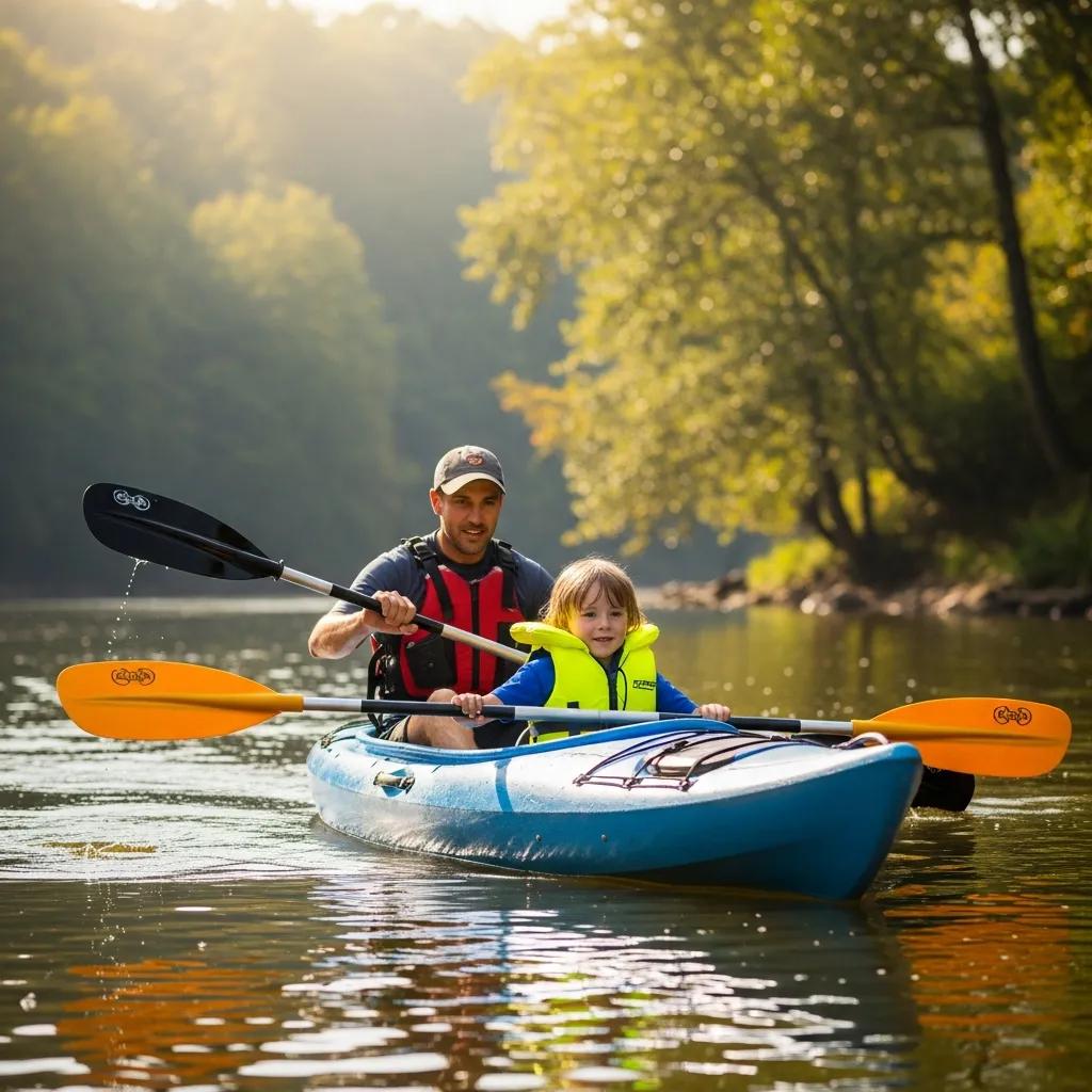 Adult and child paddling together in a tandem kayak on the Shiawassee River at Walnut Hills