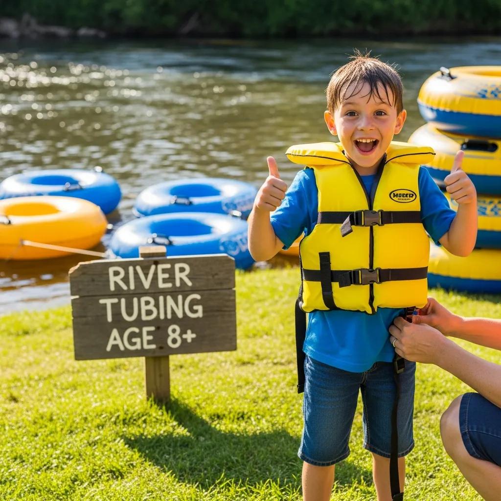 Child fastening a life jacket before heading out to tube, highlighting safety and age rules
