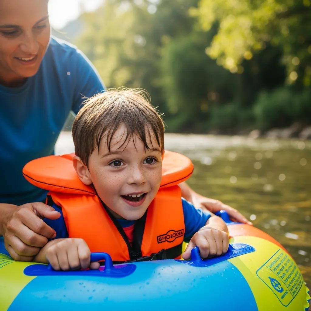 Parent helping child get ready for a tubing trip, demonstrating age safety guidelines