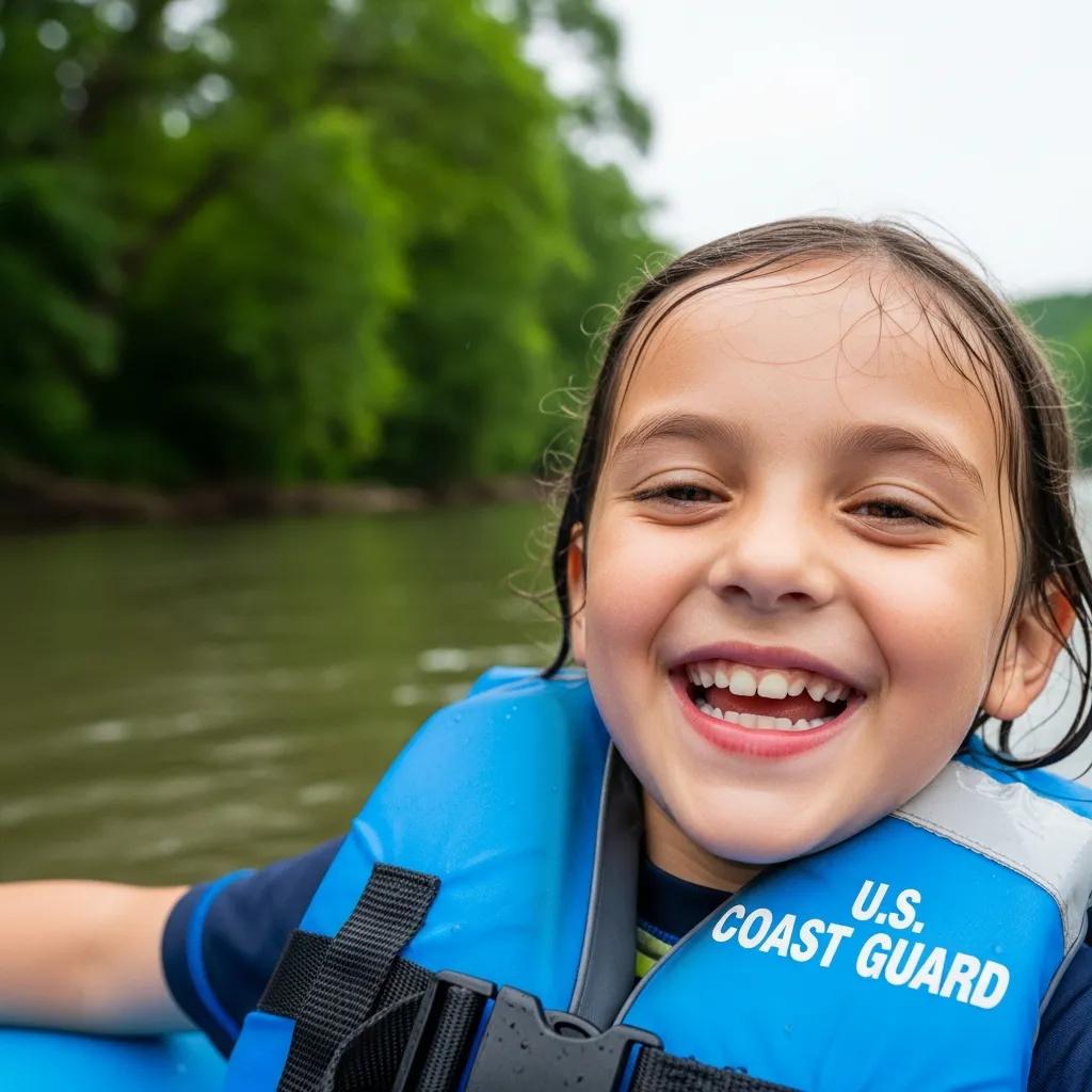 Child in a properly fitted life jacket tubing on the Shiawassee River — supervised and smiling
