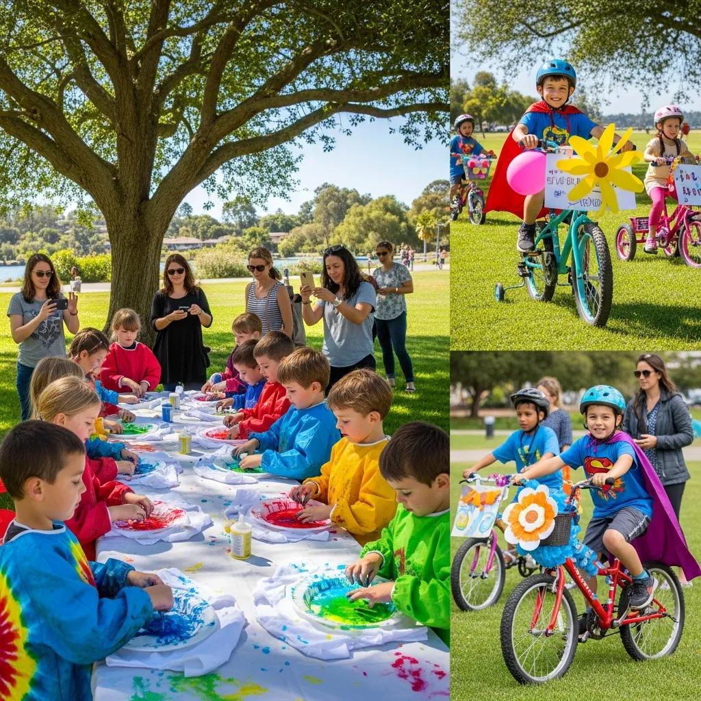 Kids enjoying outdoor activities like tie-dye and a bike parade at Woodside Lake Park