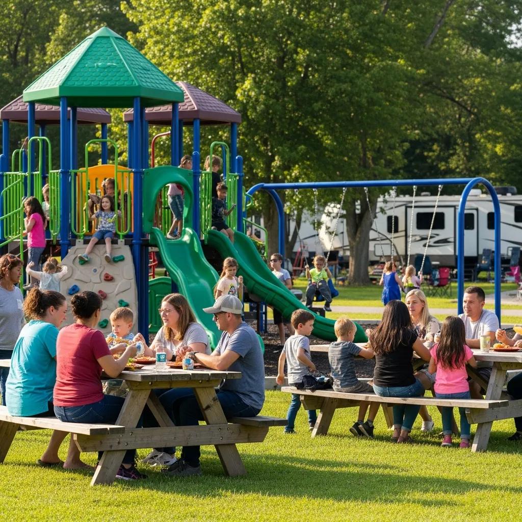 Children playing on a playground while families picnic under shady trees at Walnut Hills