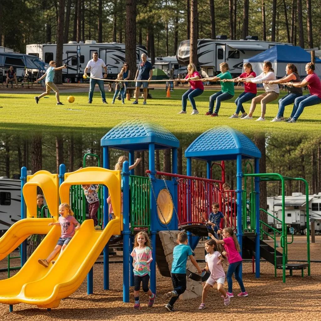 Children playing on playground equipment and enjoying sports at Ridge Ranch