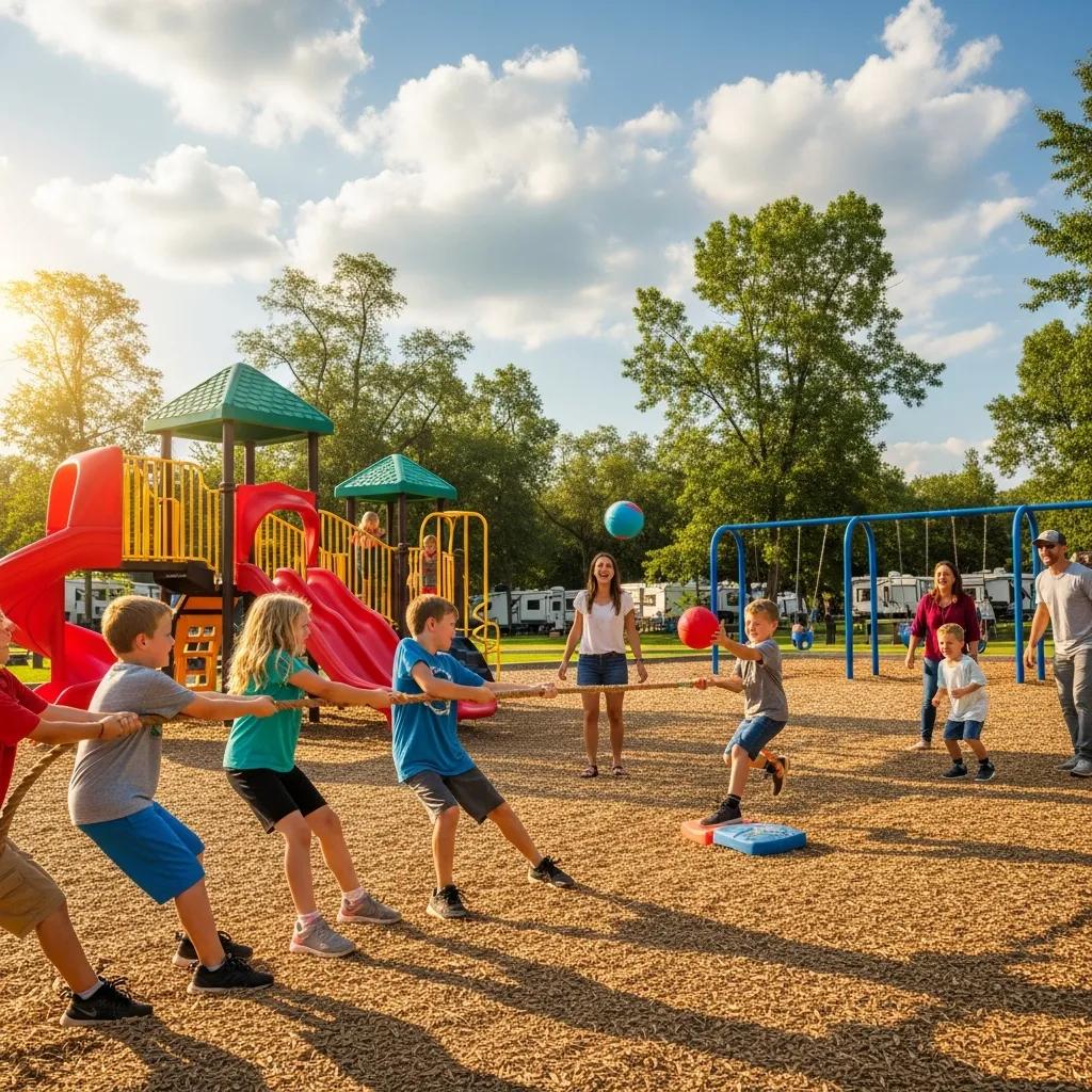 Kids playing on the playground and sports fields at Willow Lake