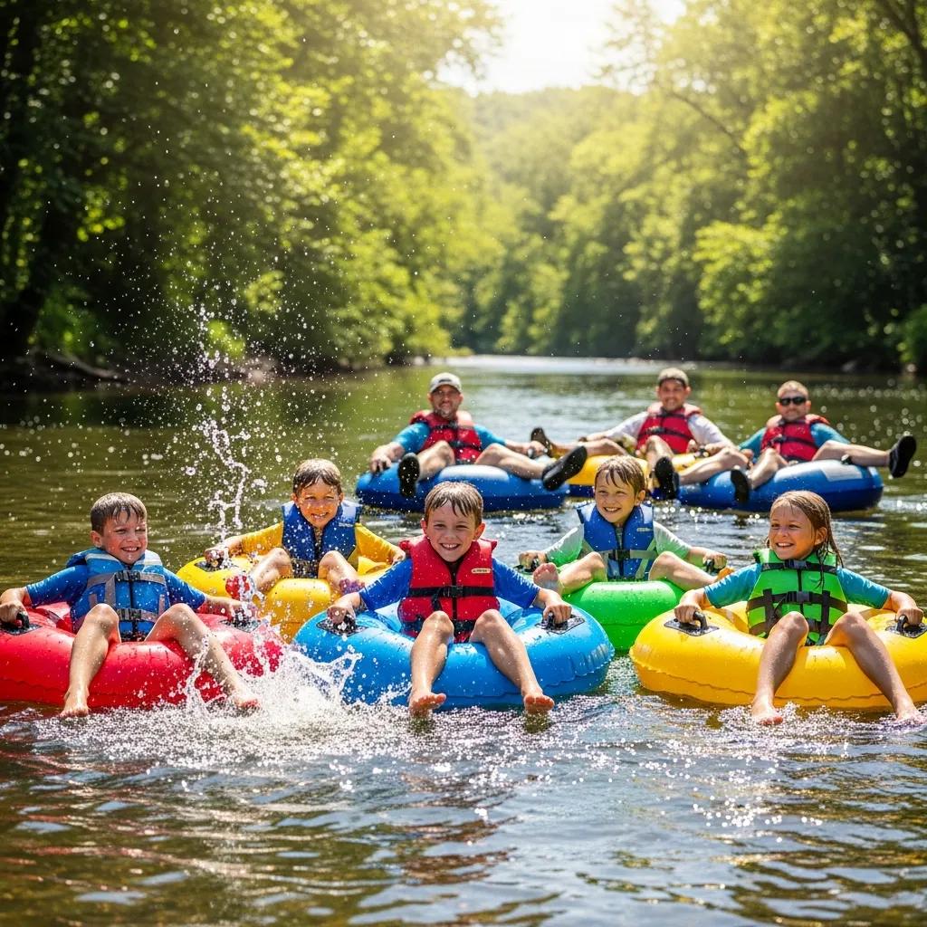 Children tubing on the Shiawassee River with an adult supervising