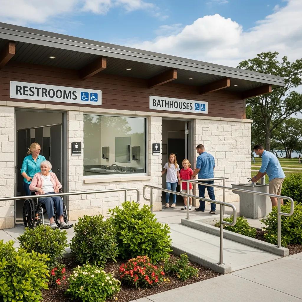Well‑maintained bathhouses and happy campers at Woodside Lake Park