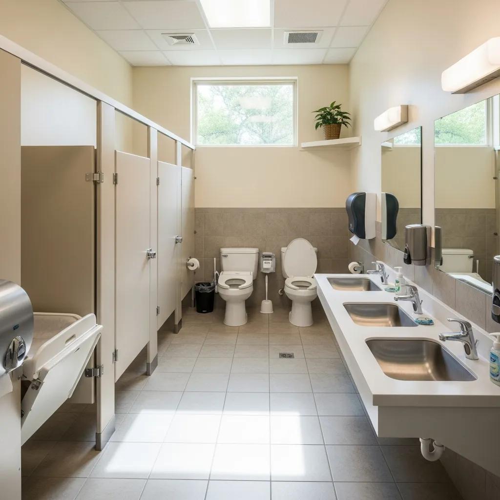 Well-maintained restroom area at Ridge Ranch Campground, showing attention to cleanliness
