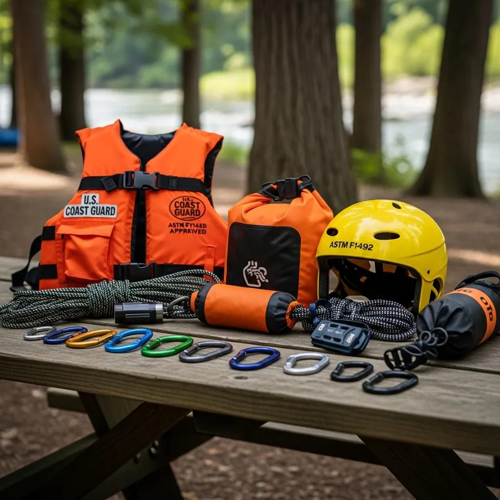 Close-up of life jackets, helmets, and spare flotation devices ready for river use