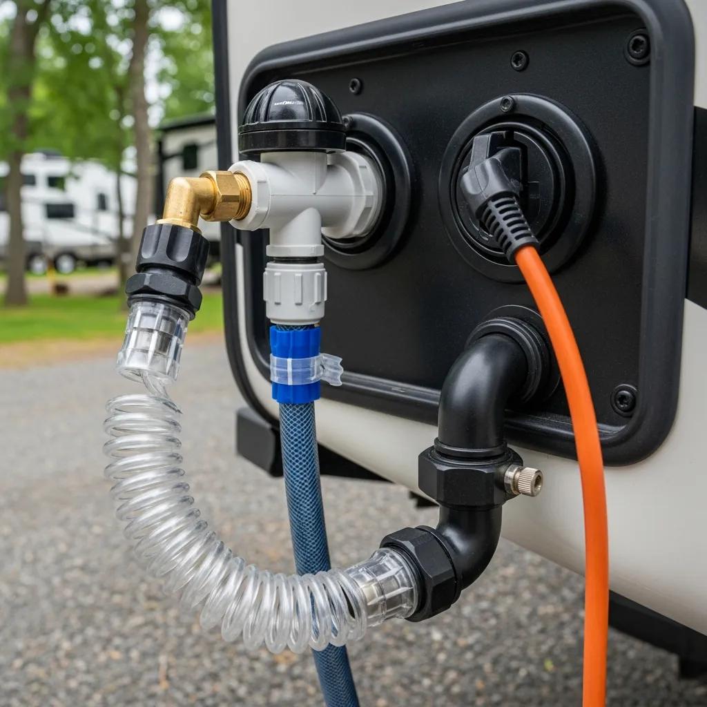 RV utility hookups for electricity, water, and sewer — examples of connections that can affect utility costs