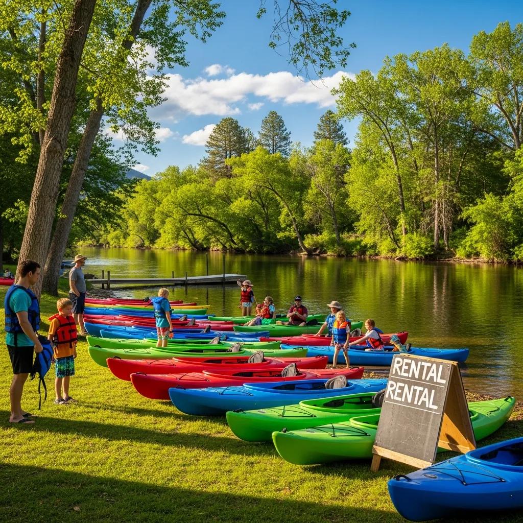 Row of colorful kayaks ready to rent at Walnut Hills