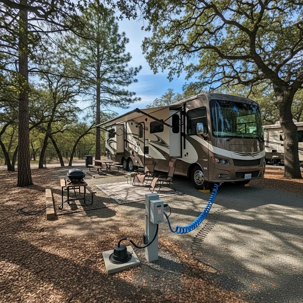 Spacious RV site at Ridge Ranch with water, power, and sewer hookups