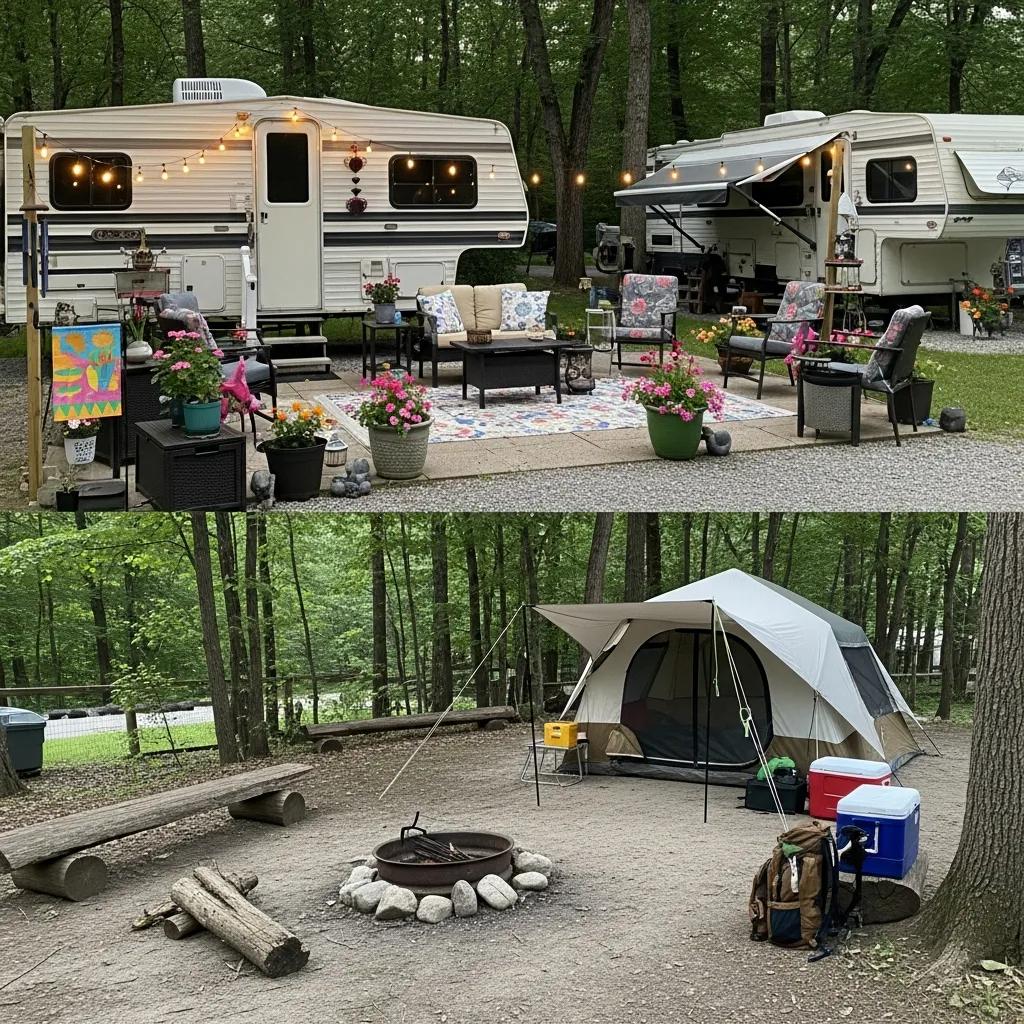 Side-by-side view of seasonal and tent sites at Ridge Ranch