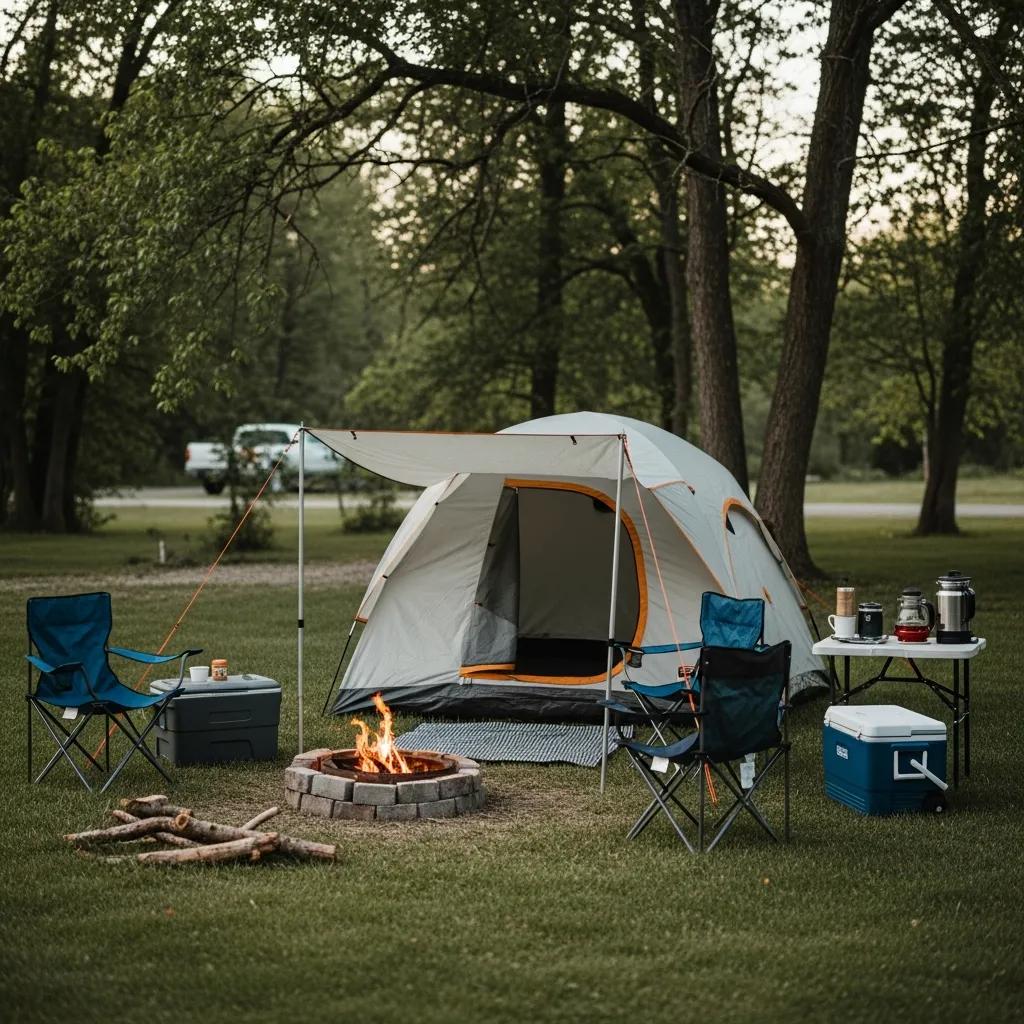 Cozy tent campsite at The Oaks Campground with campfire and gear