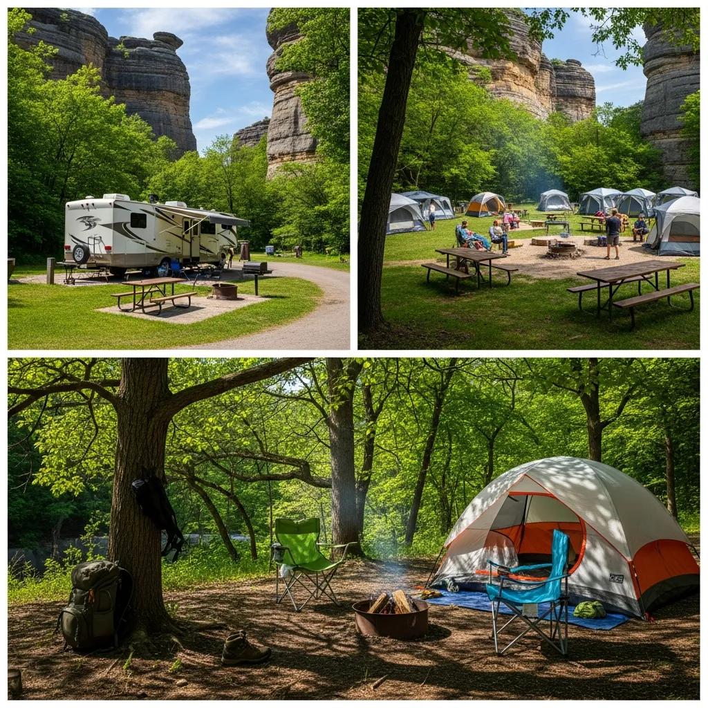 Tent, RV, and group campsites at Nelson Ledges showing varied options