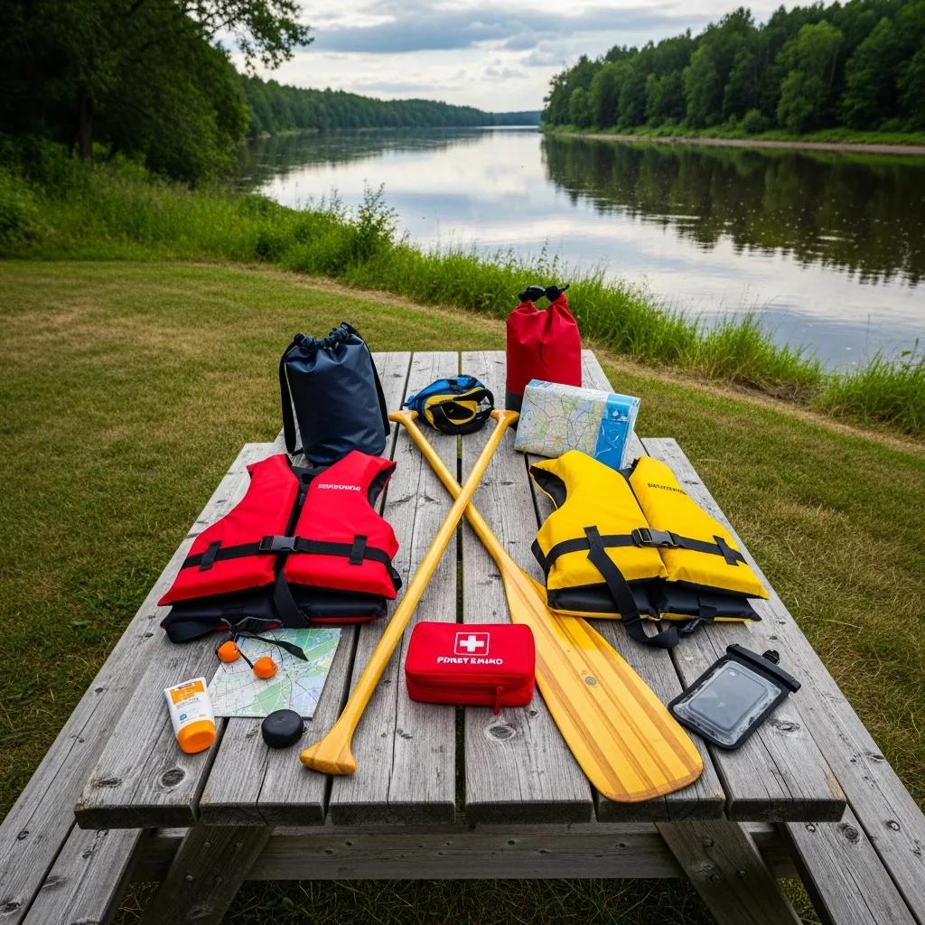 Life jackets, paddles, and essential canoeing gear laid out