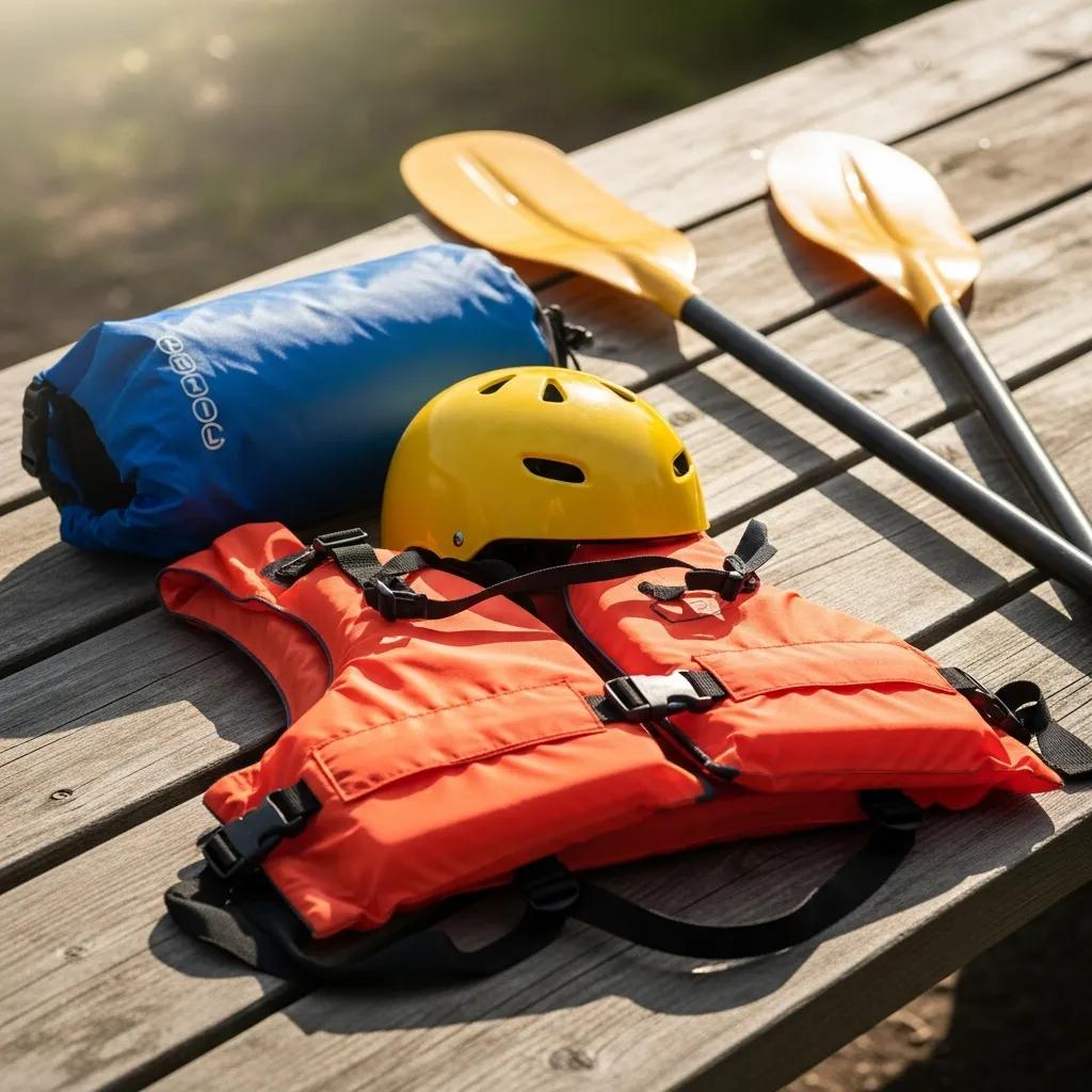 Fitted personal flotation device, paddle, and helmet — basic kayaking gear