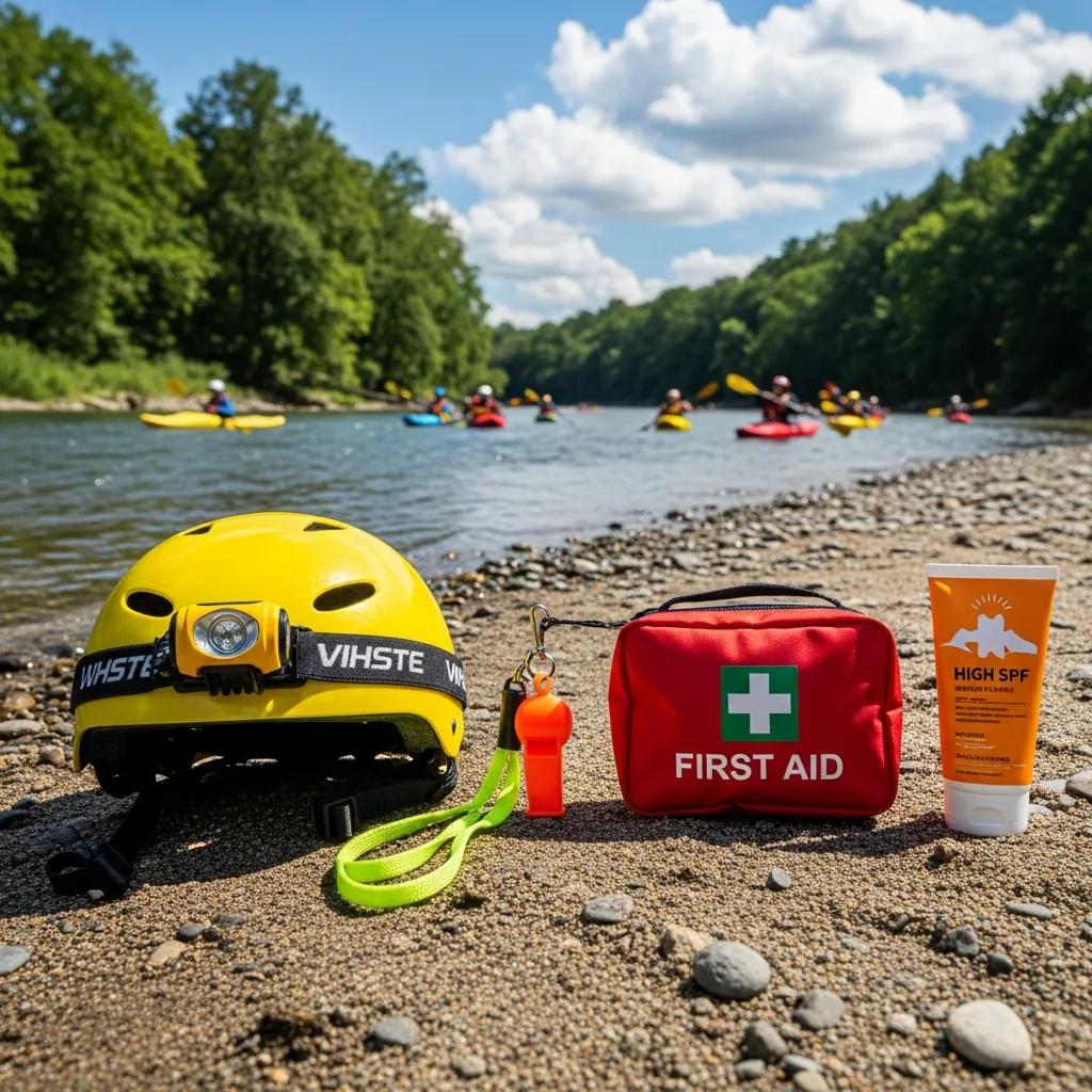 Recommended safety items: helmet, whistle, and first aid kit for river activities