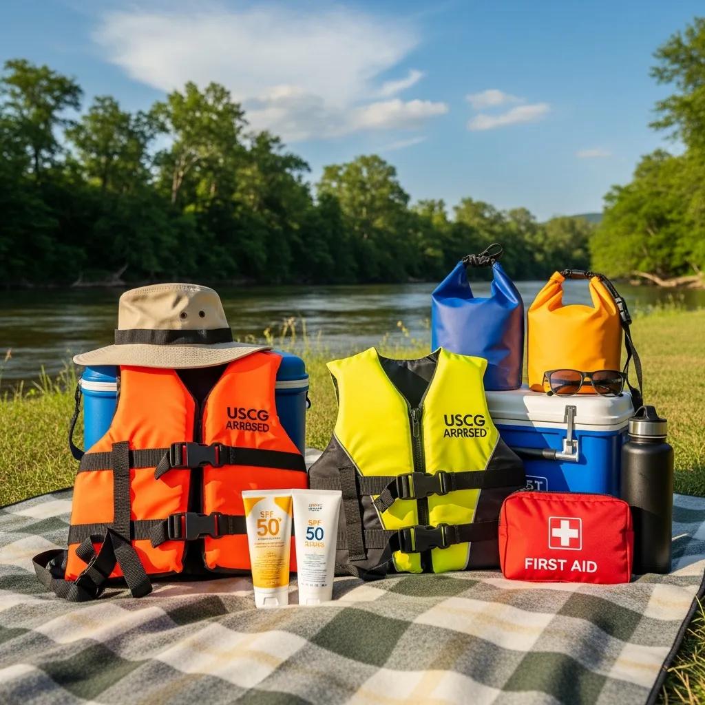 Life jackets, sunscreen and a first-aid kit laid out as essential river gear