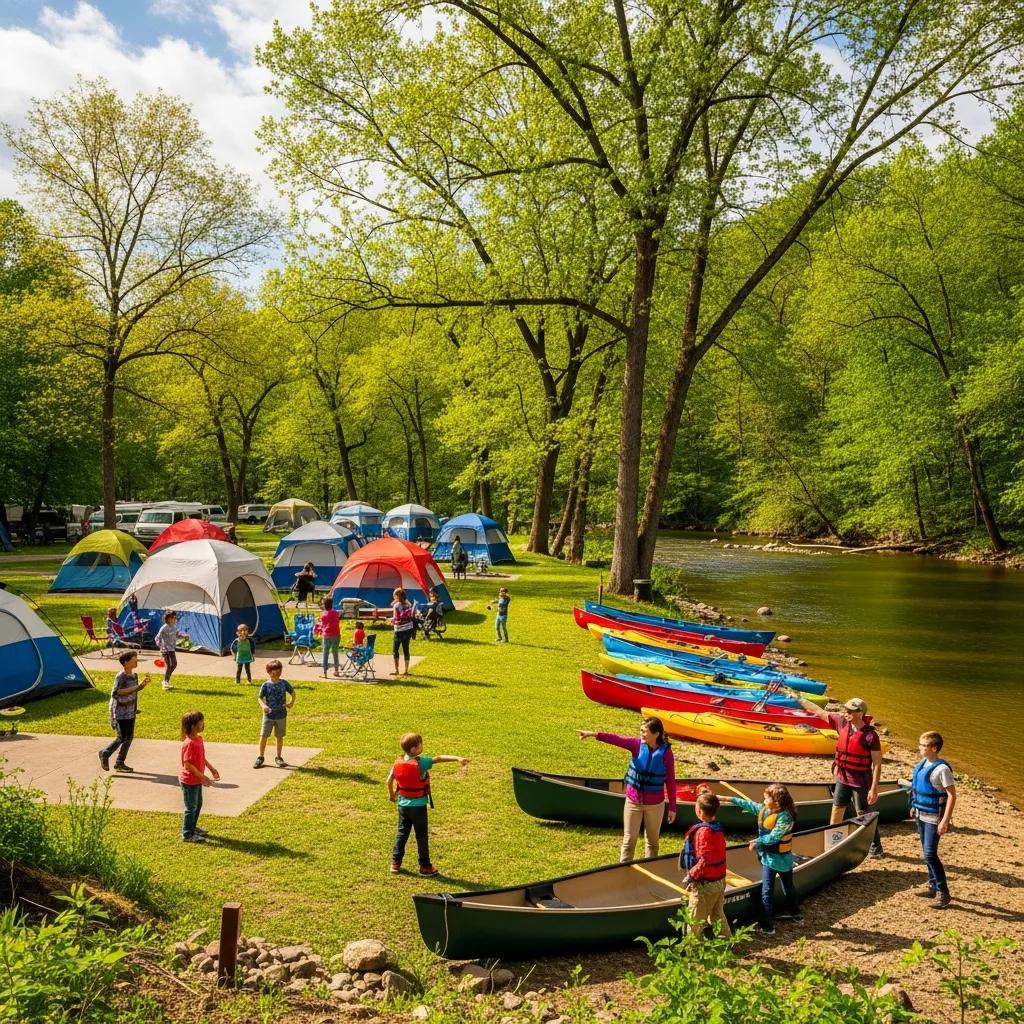 Families packing kayaks and tents at Walnut Hills Family Campground before a river trip