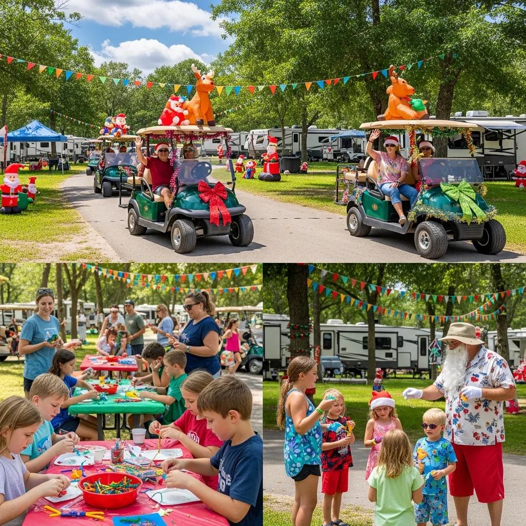 Campground parade and holiday crafts during a themed weekend celebration