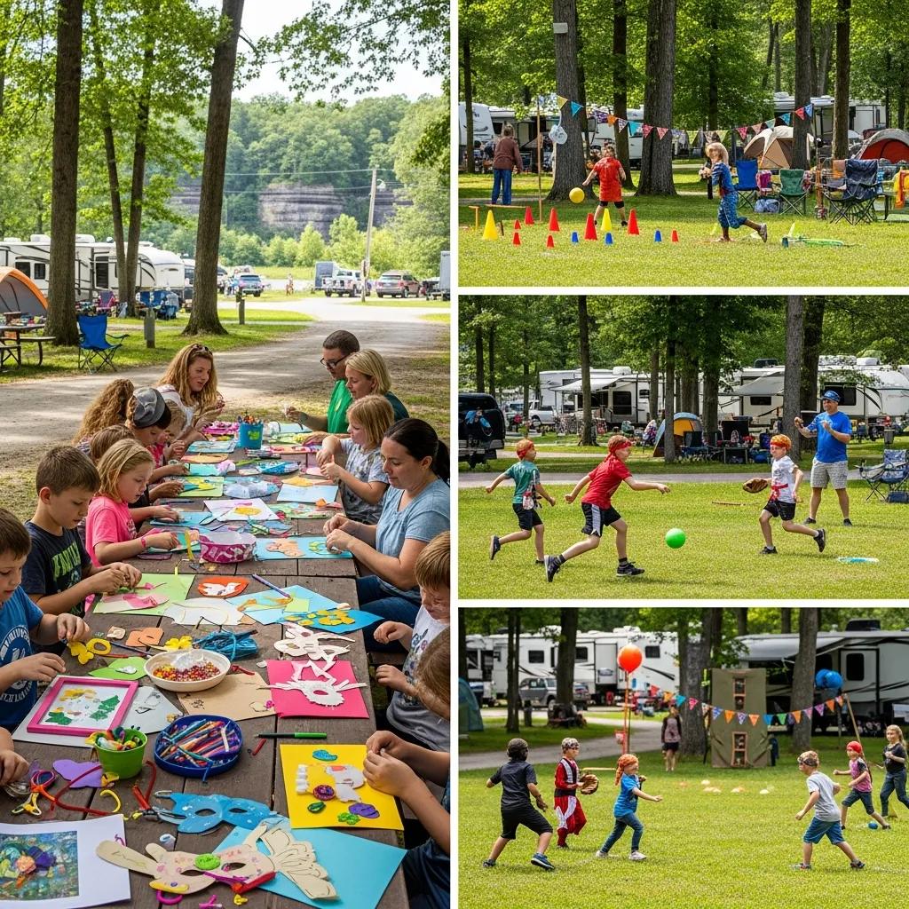 Families taking part in activities at Nelson Ledges Campgrounds — games, crafts, and lakeside fun