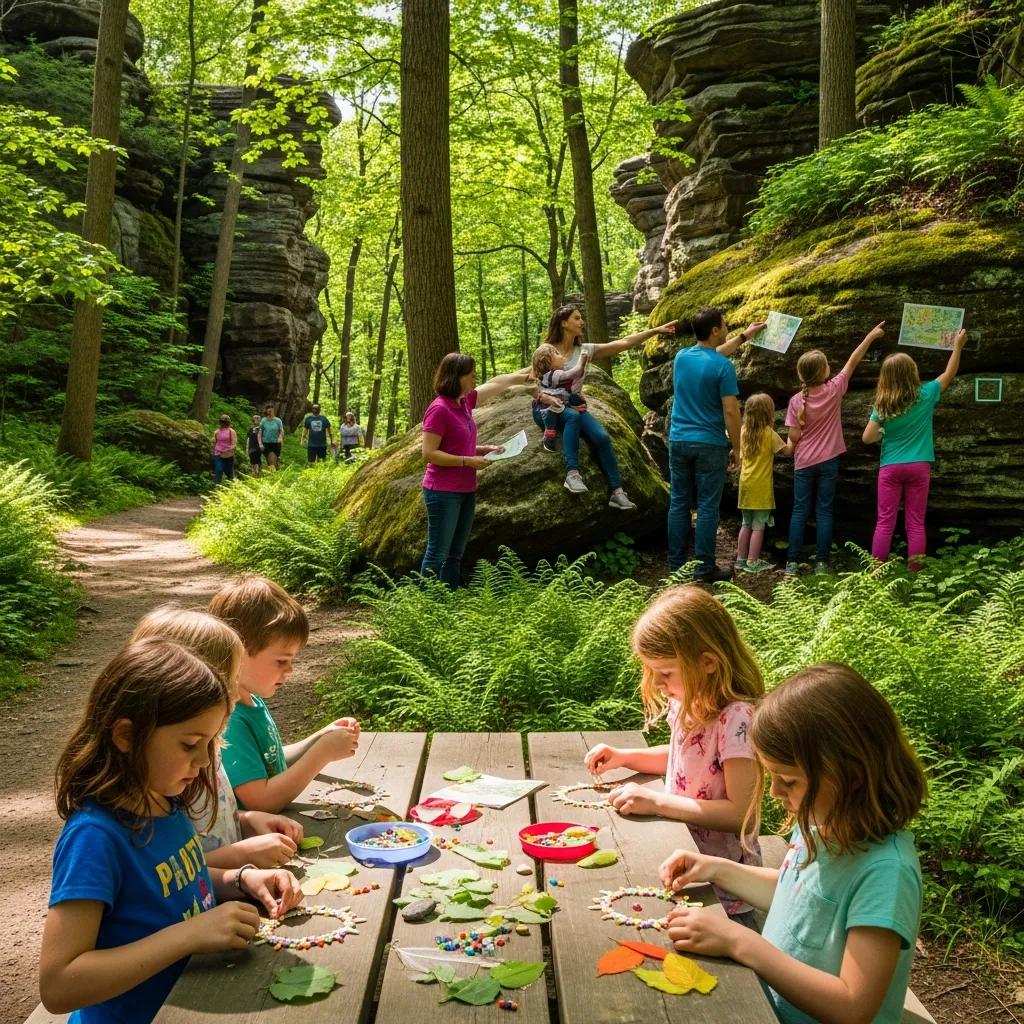 Families engaging in outdoor activities at Nelson Ledges State Park, highlighting creativity and togetherness