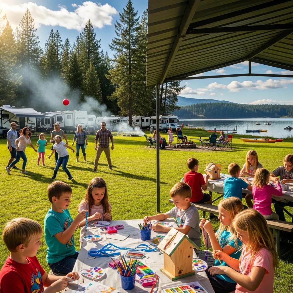 Families enjoying outdoor games and crafts together at Ridge Ranch Campground
