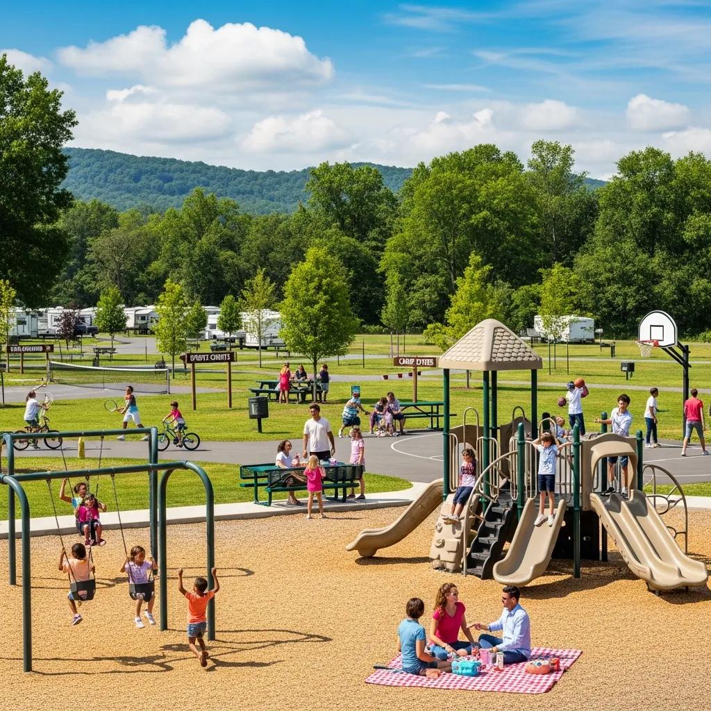 Families playing on playgrounds and taking part in activities at Ridge Ranch Campground