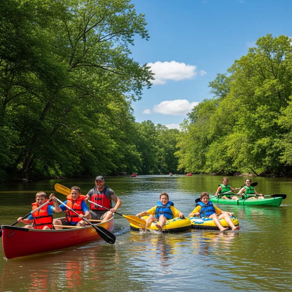 Families engaging in river activities at Walnut Hills Family Campground, showcasing kayaking, tubing, and canoeing