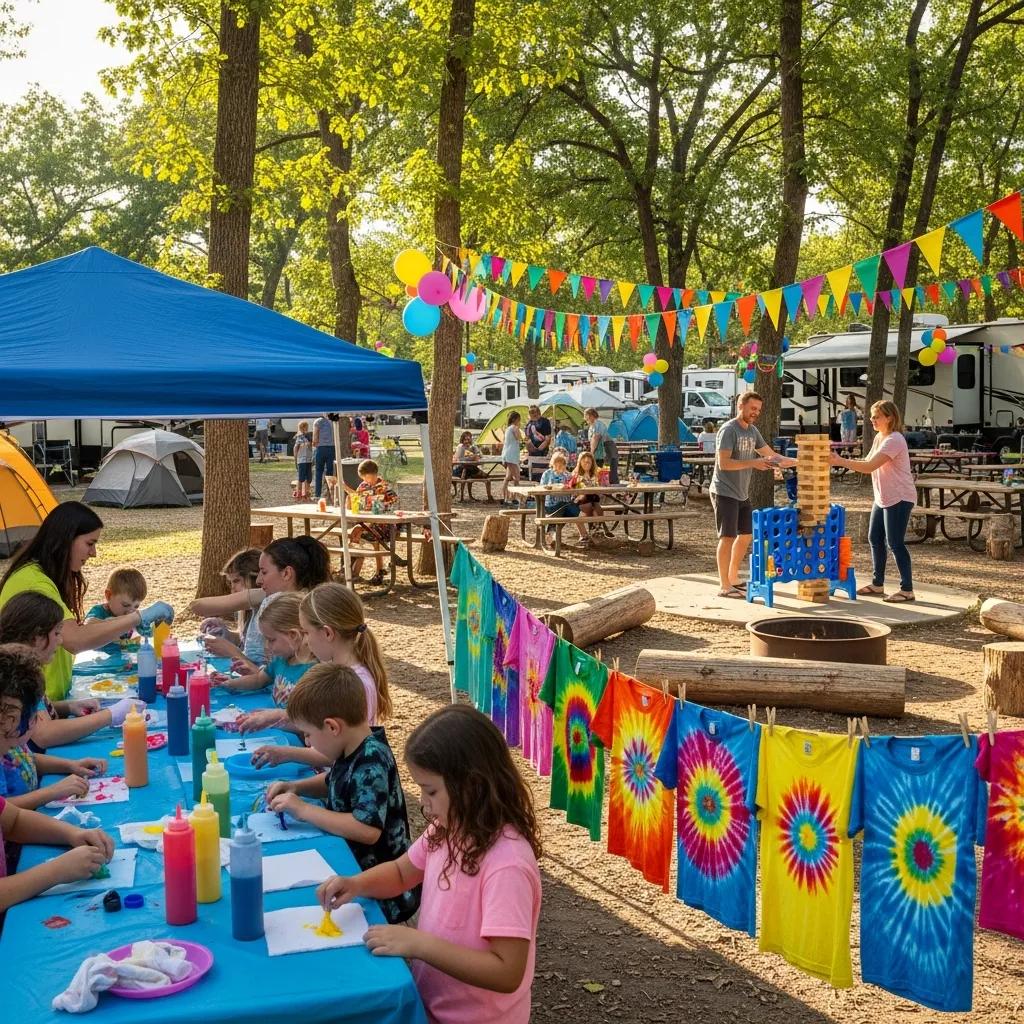 Families taking part in themed weekend activities like tie-dye and games at Ridge Ranch