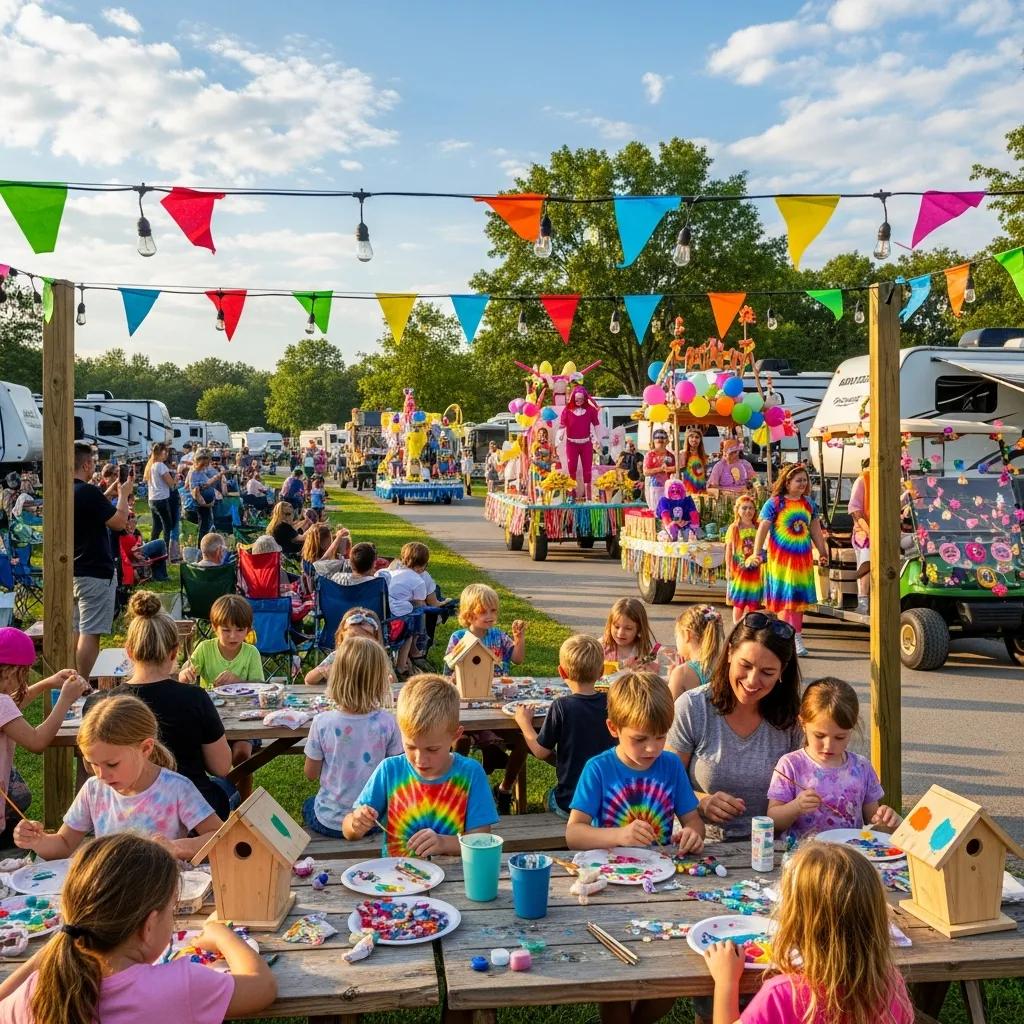 Families taking part in crafts and a parade at Nelson Ledges, showing community spirit