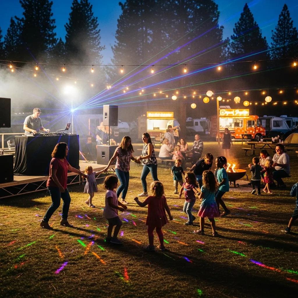 Families dancing at a DJ dance party at Ridge Ranch Campground