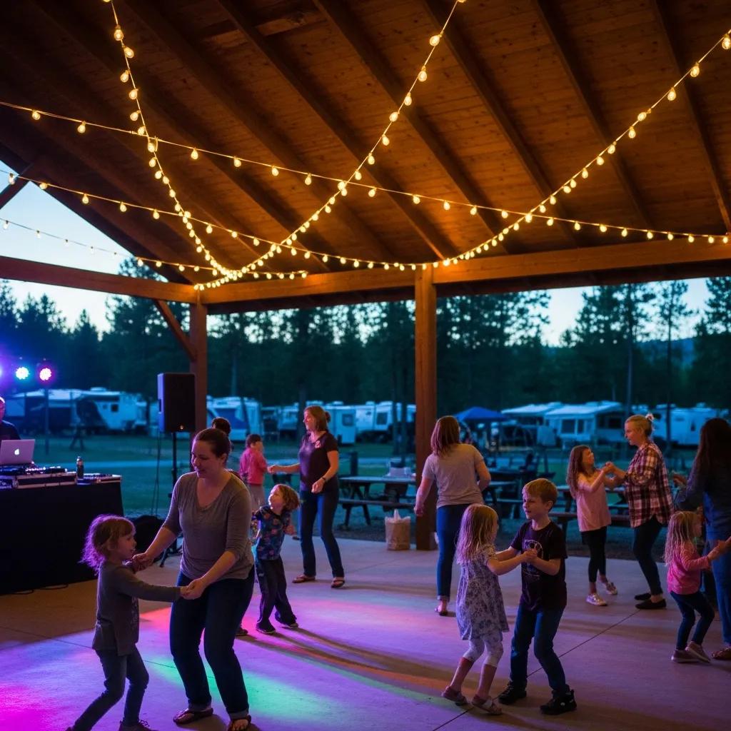 An evening DJ dance party at Ridge Ranch Pavilion with families dancing