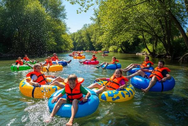 Families enjoying a safe river tubing adventure with life jackets on colorful tubes