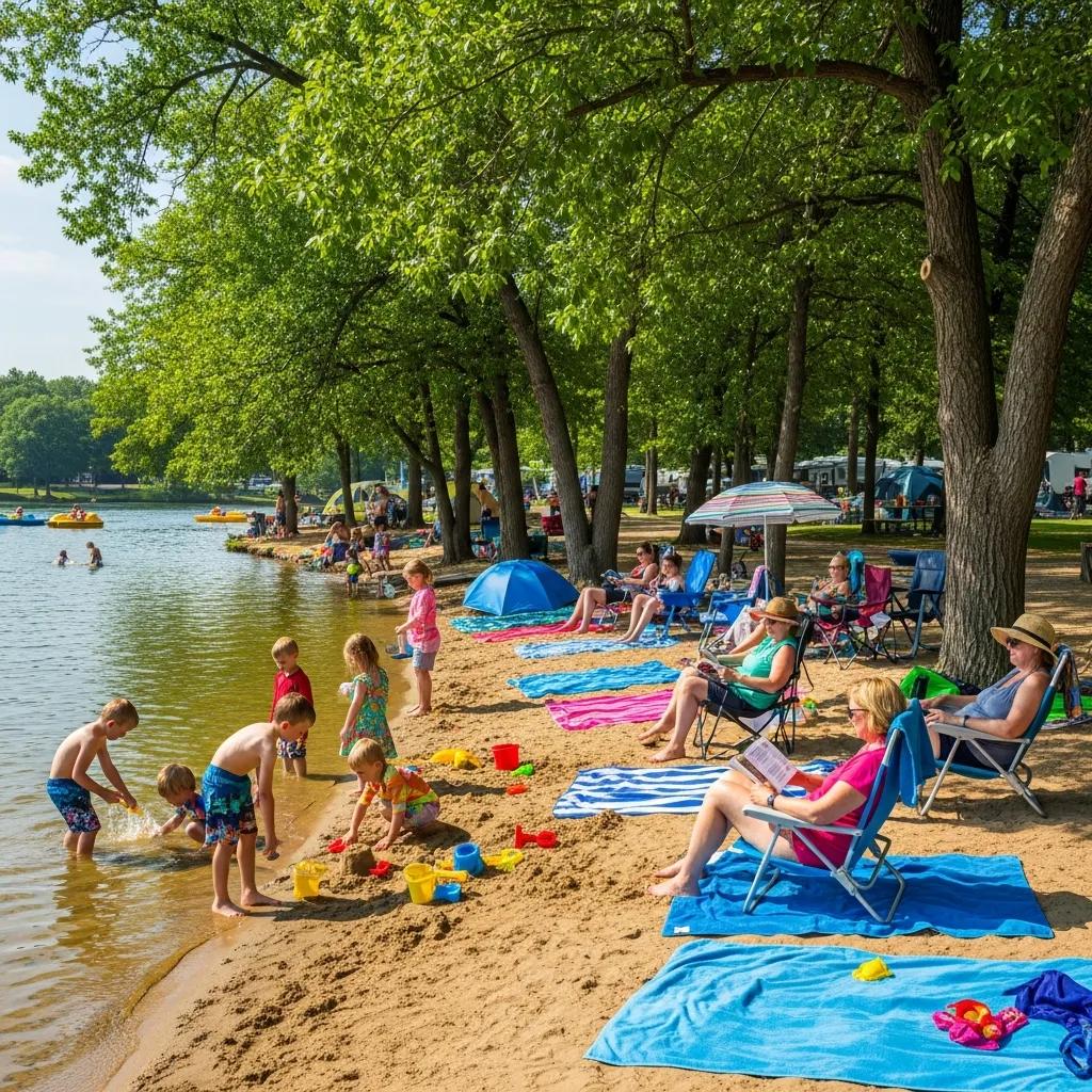 Families on the sandy beach at Nelson Ledges enjoying swimming and relaxing