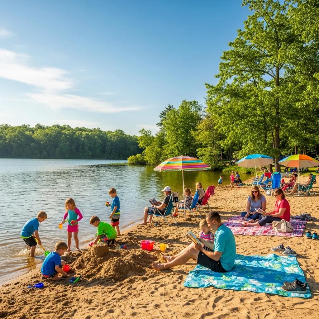 Families enjoying a sunny day at Ridge Ranch Campground with a lakefront and sandy beach