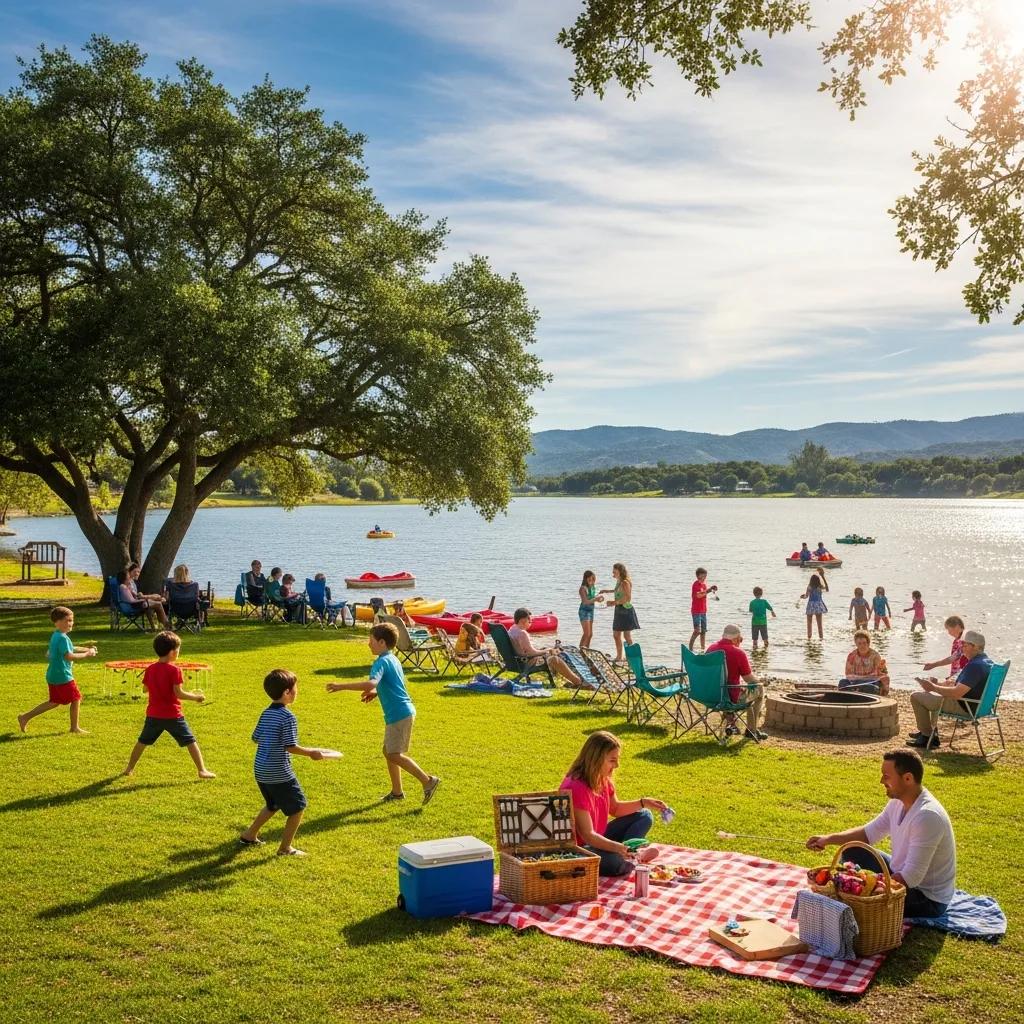Families enjoying activities at Ridge Ranch Campground, highlighting outdoor fun and scenic lake views